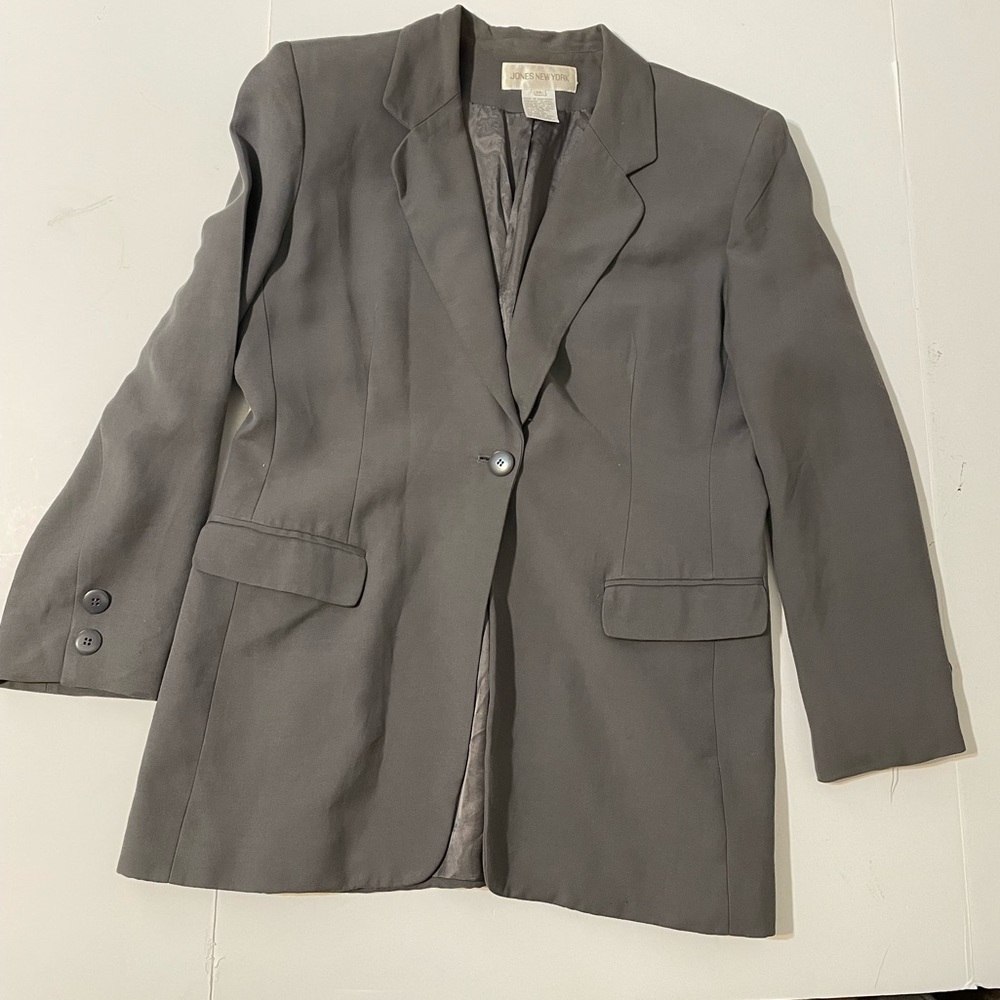 Jones New York Womens Jacket Gray one button blazer classic linen Size XL